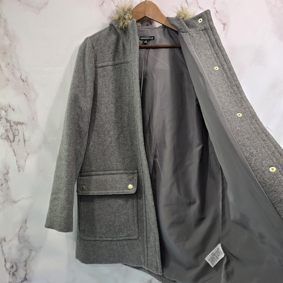 J Crew Coat Womens Medium 8 Gray Wool Blend Vail Parka Pea Zip Faux Fur Hood - Picture 9 of 13